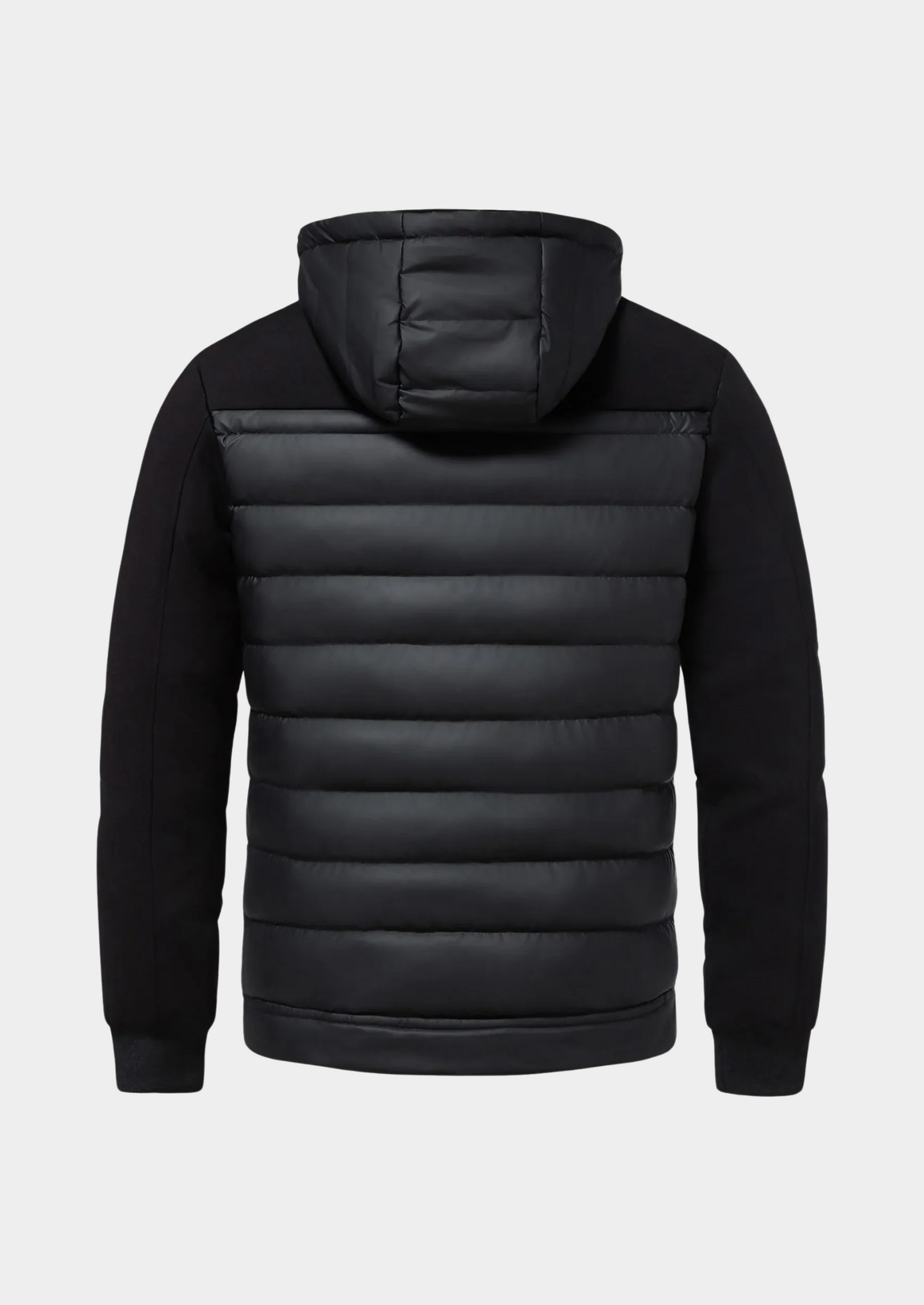 Schwarze Herrenjacke mit Kapuze, gestepptem Rücken und langen Ärmeln. Modische Winterjacke, ideal für kalte Temperaturen.
