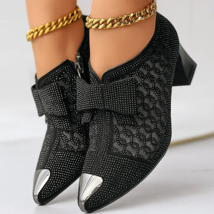 Women's pumps with rhinestone bow, pointed toes, and 6-cm block heel