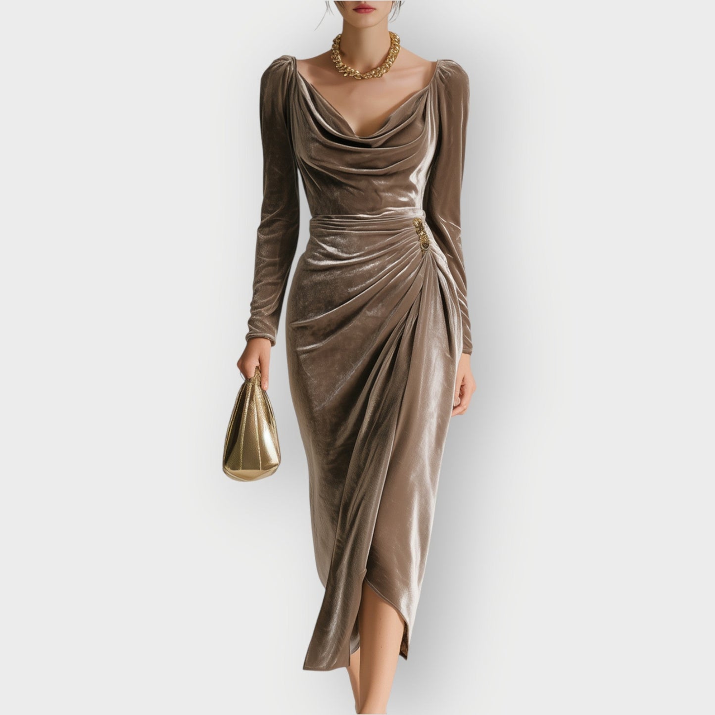 Women's Midi Dress Draped with Ruching Long Sleeve