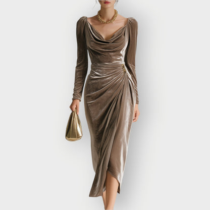 Women's Midi Dress Draped with Ruching Long Sleeve