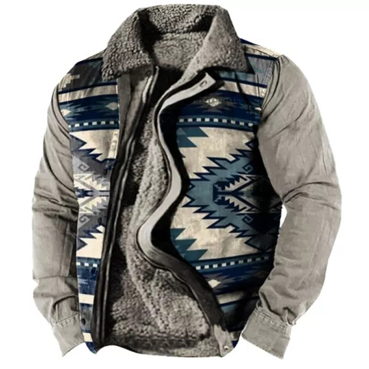 Graue Herrenjacke mit Aztekenmuster und Fleece-Innenfutter. Stilvolle Winterjacke, warm und modisch, ideal für kalte Tage.