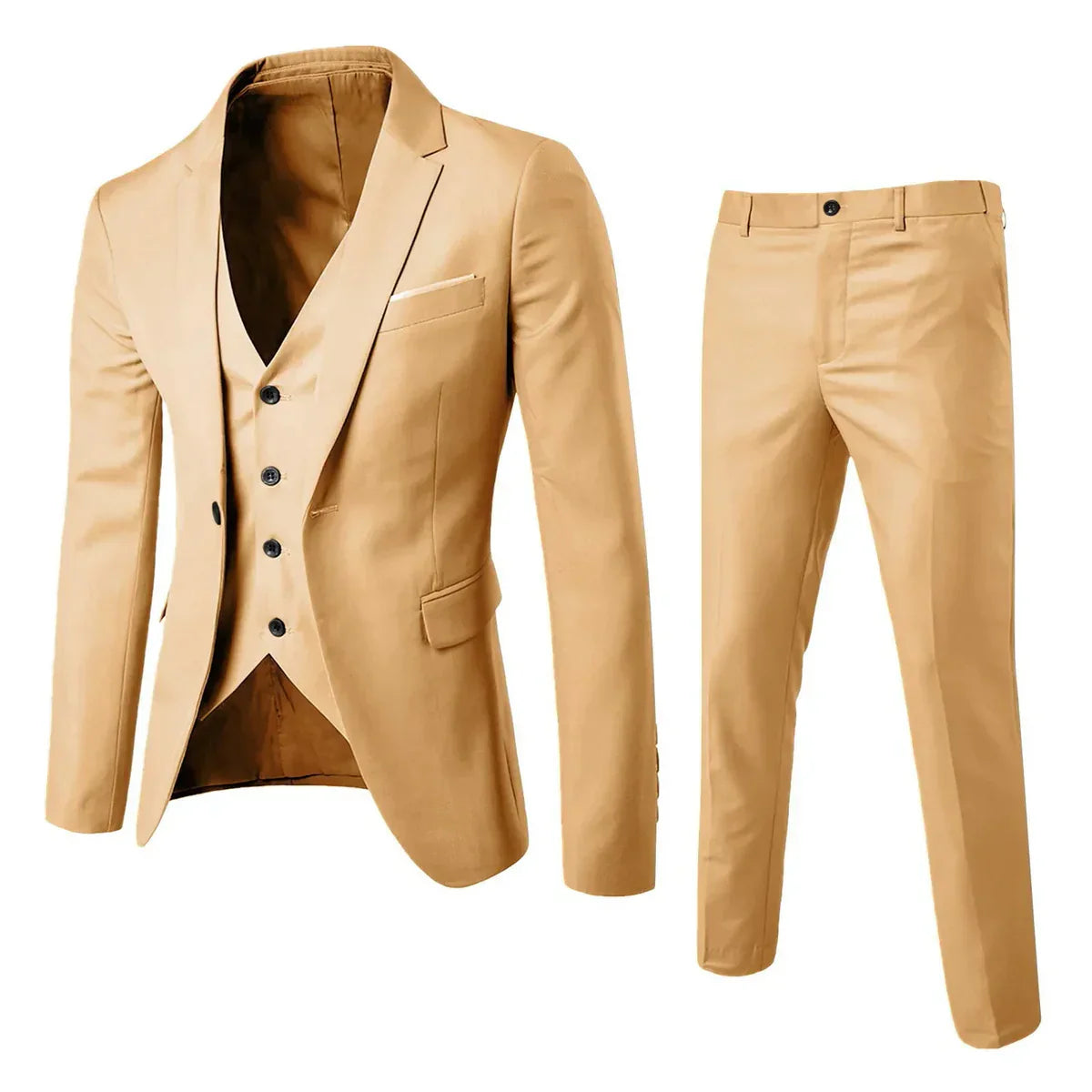 Beiger Herrenanzug mit Weste und Hose, elegantes Design, ideal für formelle Anlässe. Hochwertiger Stoff, modischer Dreiteiler für stilvolle Auftritte.
