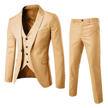 Beiger Herrenanzug mit Weste und Hose, elegantes Design, ideal für formelle Anlässe. Hochwertiger Stoff, modischer Dreiteiler für stilvolle Auftritte.