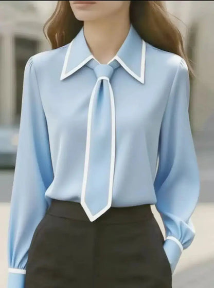 Damen Bluse mit Kontrastkrawatte und Knopfleiste