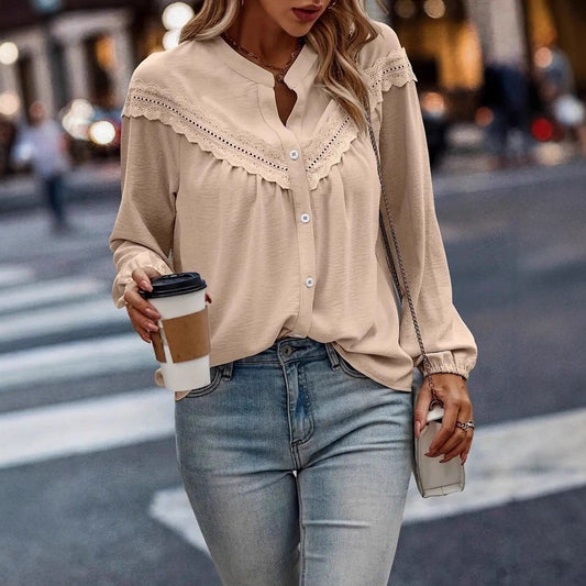 Women's Apricot-Colored Long-Sleeve Shirt with Lace Patchwork and Ruffle Details