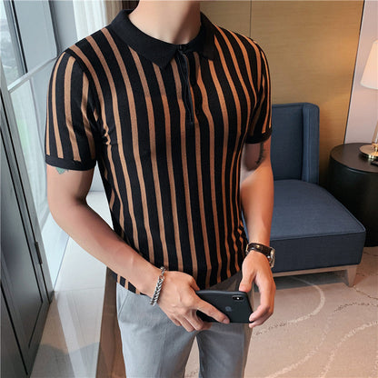 Herren Poloshirt Mit Breiten Streifen Und Kurzen Ärmeln, Hochelastisch