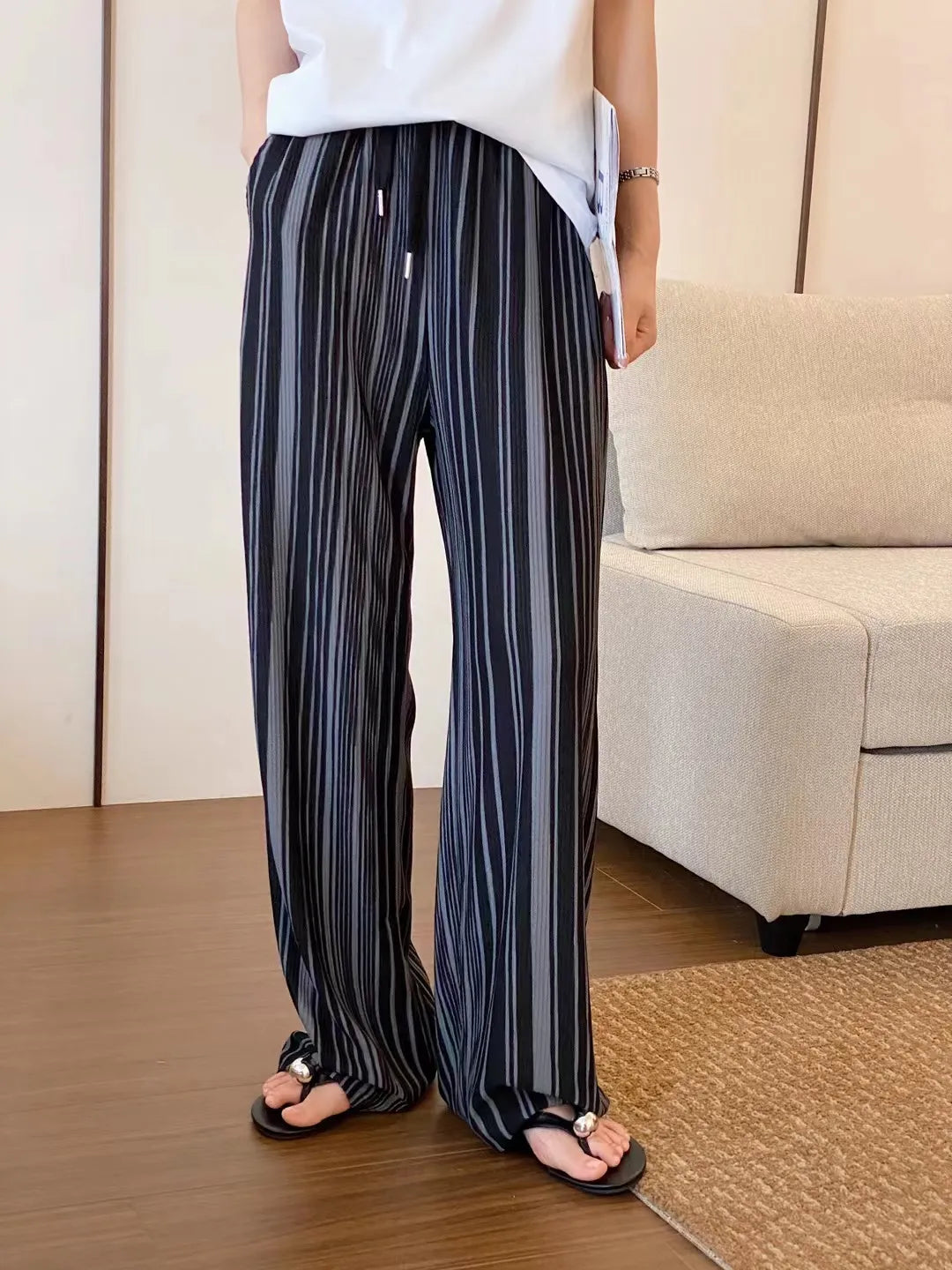 Damen-Hosen mit weitem Bein, schwarz-weiß gestreift, mit Taschen