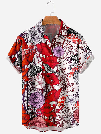 Herren Kurzarmhemd Mit Blumenmuster, Vier-Wege-Stretch, Knopfleiste