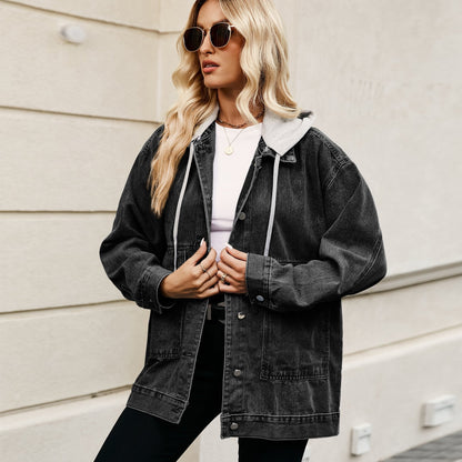Damen Frühlingsjacke aus Denim-Mix mit abnehmbarer Kapuze und lockerem Schnitt