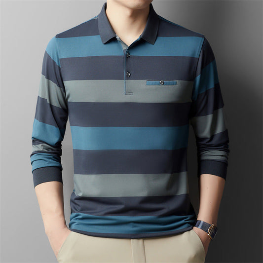 Men's Spring Long-Sleeve Shirt Color-Blocked Striped with Polo Collar