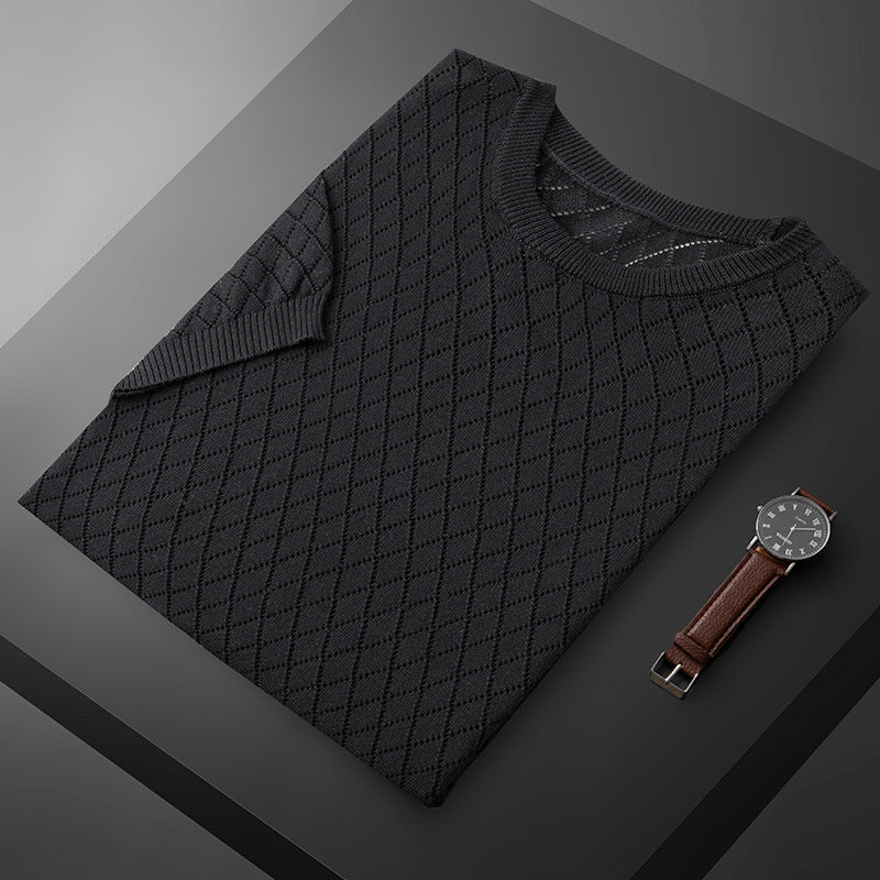 Herren-Strickpullover Mit Halben Ärmeln, Kariert, Bügelfrei, Für Business Und Pendeln