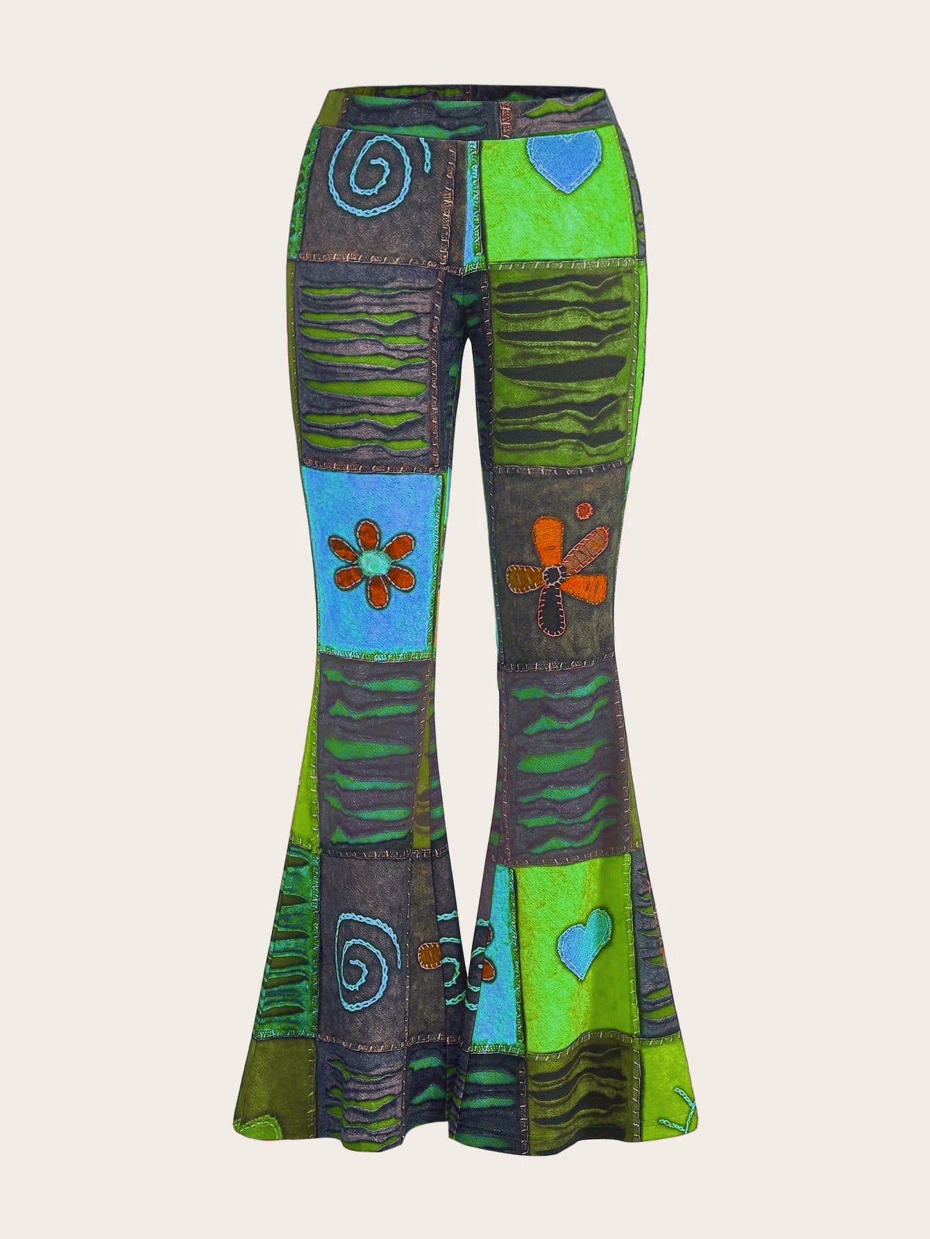 Women's bootcut trousers with print, abstract pattern, mid-rise waistband