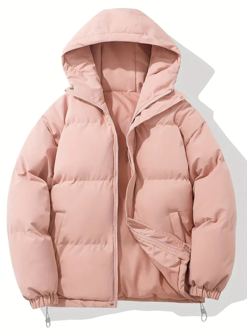 Rosa Daunenjacke mit Kapuze, Reißverschluss und Taschen, ideal für Wintermode. Warme, stilvolle Damenjacke für kalte Tage.