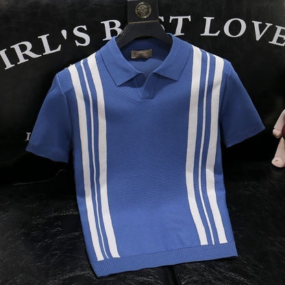 Herren Sommer T-Shirt Mit Gemischten Farben, Streifen, Halben Ärmeln, Reverskragen Und Schmaler Passform