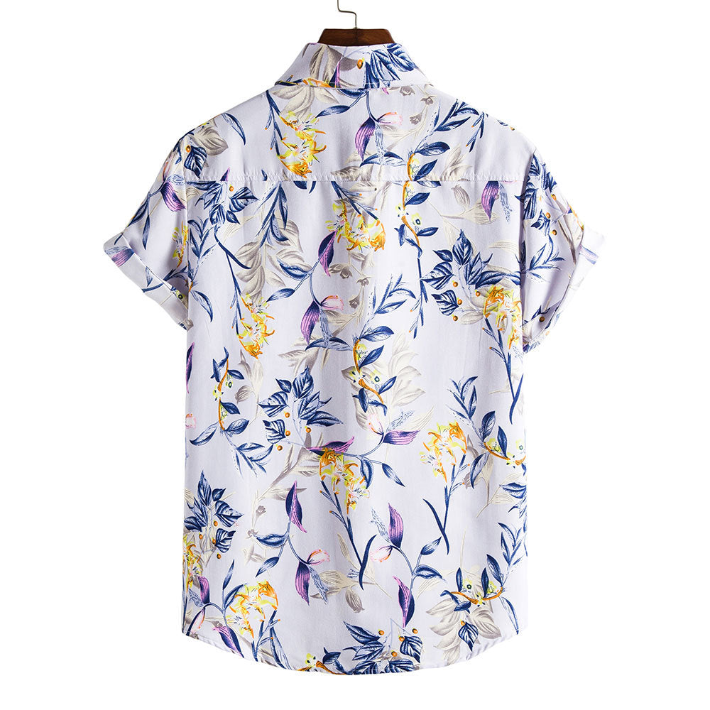 Herren Sommerhemd Mit Blumenmuster, Kurzarm, Reverskragen, Slim Fit, Urlaubs-Top