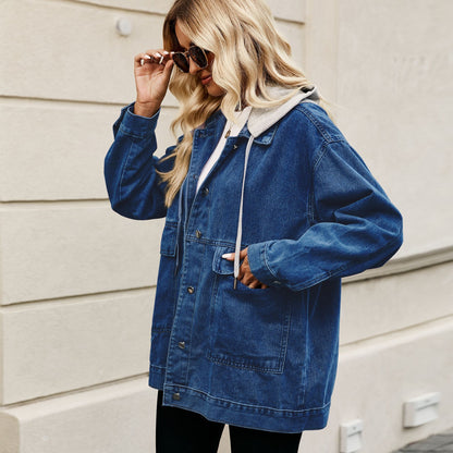 Damen Frühlingsjacke aus Denim-Mix mit abnehmbarer Kapuze und lockerem Schnitt