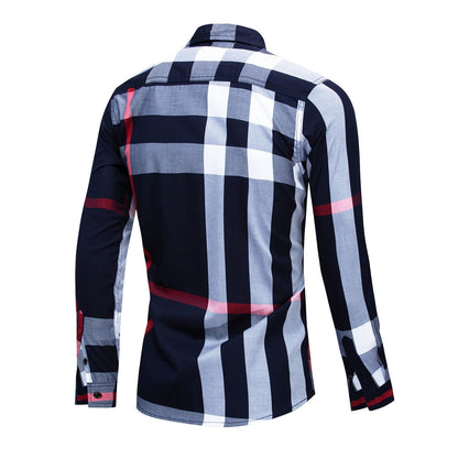 Men's long-sleeve cardigan shirt with checkered pattern and color block design