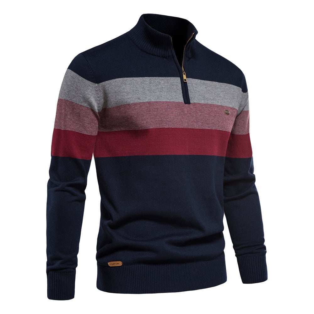 Dunkelblauer Herrenpullover mit Reißverschluss, gestreift in Grau, Rot und Blau. Modischer Strickpullover, ideal für Herbst und Winter.