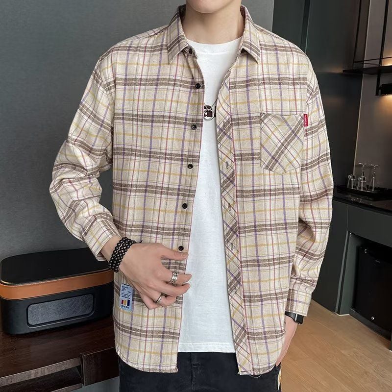 Long-sleeved checked men's shirt for spring with a slim fit