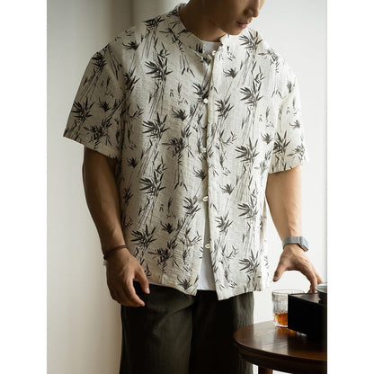 Herren Sommer T-Shirt mit Bambusblattmuster – Kurzarm Lockerer Schnitt