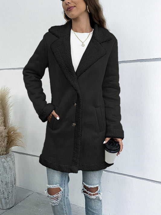 Damen Wintermantel lang mit Reverskragen und einfarbigem Wildleder-Look