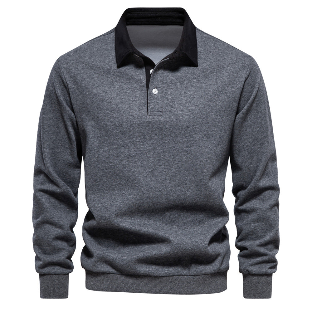 Graues Herren-Poloshirt mit langen Ärmeln und schwarzem Kragen. Stilvolles, elegantes Design, ideal für Freizeit und Business. Hochwertige Baumwolle.