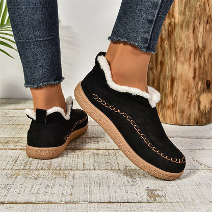 Damen Winter Stiefeletten mit V Ausschnitt und flacher Sohle – Leder Look