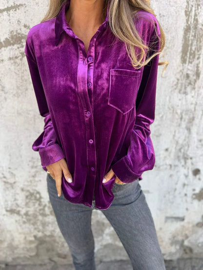 Women's Autumn Velvet Shirt Classic Collar Button Placket