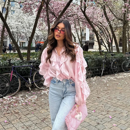 Women's Long-Sleeve Blouse with Ruffles, Loose Fit and Round Neckline