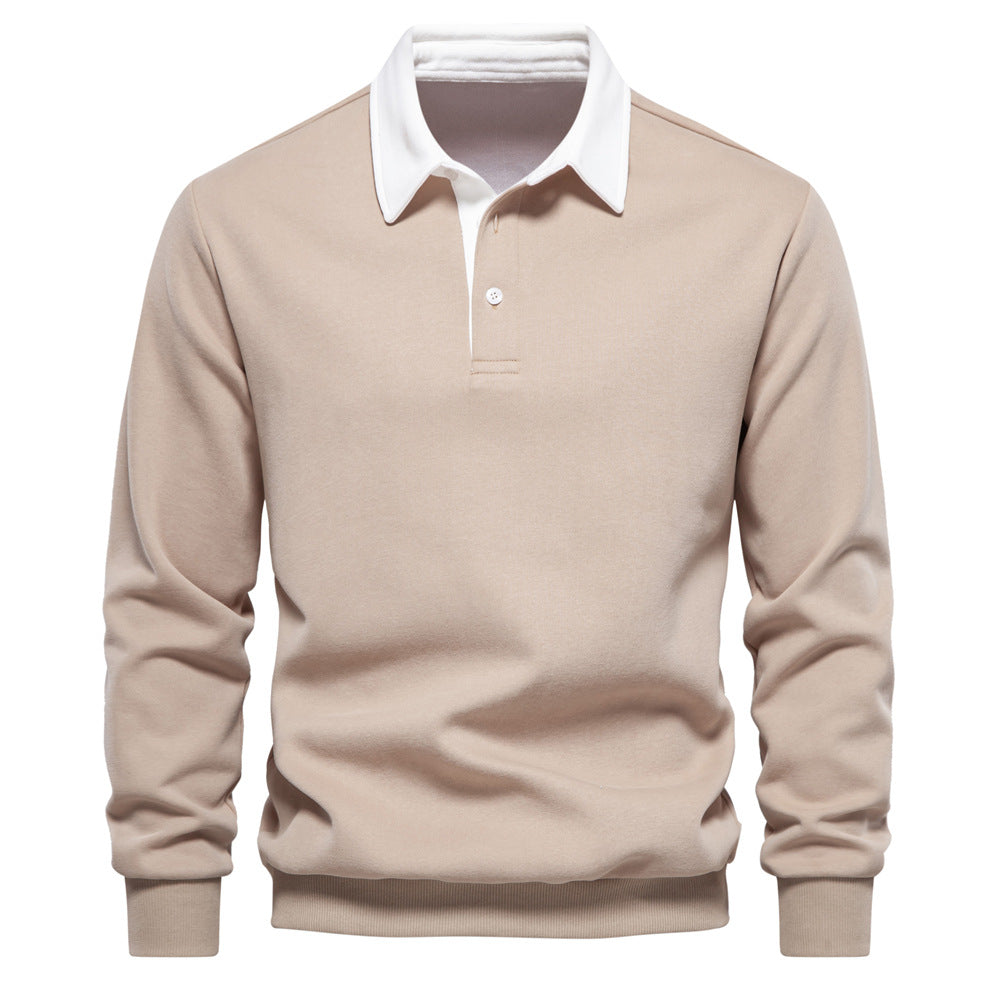 Beiges Herren-Poloshirt mit weißem Kragen, langärmelig, klassisches Design, ideal für Freizeit- und Business-Looks. Hochwertige Baumwollmischung.