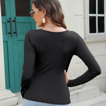Damen Langarm T-Shirt U-Ausschnitt Slim Fit Gerippte Struktur – Baumwoll-Stretch