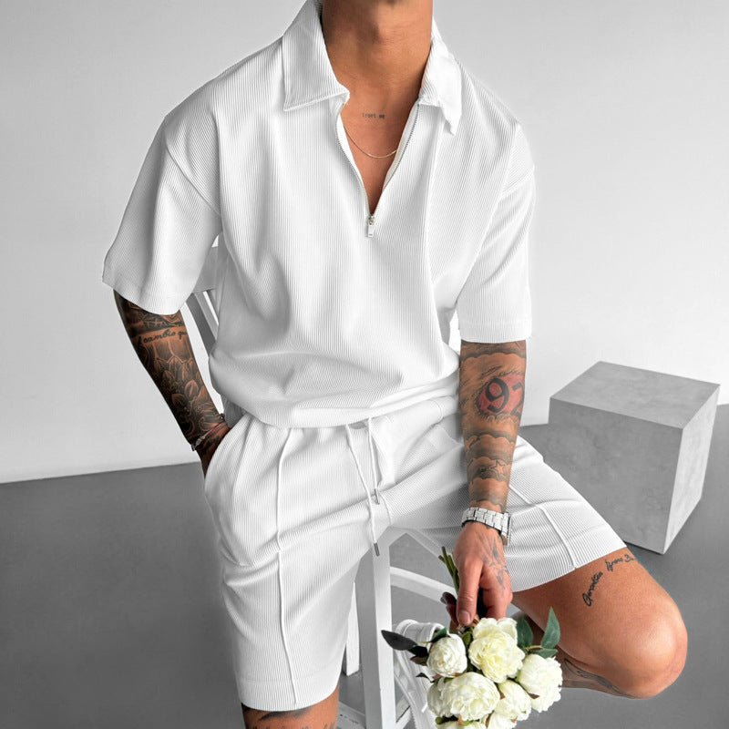 Men's Polo Shirt with Zipper, Drawstring Shorts, Two-Piece Set Made of Cotton Blend, Sporty Casual Outfit for Summer