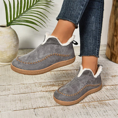Damen Winter Stiefeletten mit V Ausschnitt und flacher Sohle – Leder Look