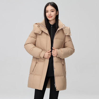 Women's mid-length winter down jacket with pockets and long sleeves
