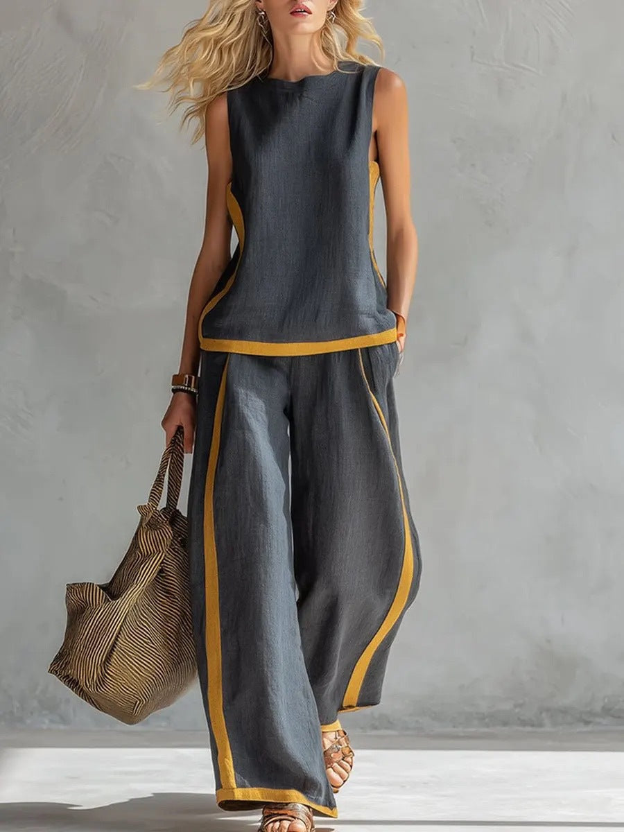 Ärmelloses Damen-Top Mit Rundhalsausschnitt Und Hochgeschnittener, Weit Geschnittener Hose – Farbblock-Design