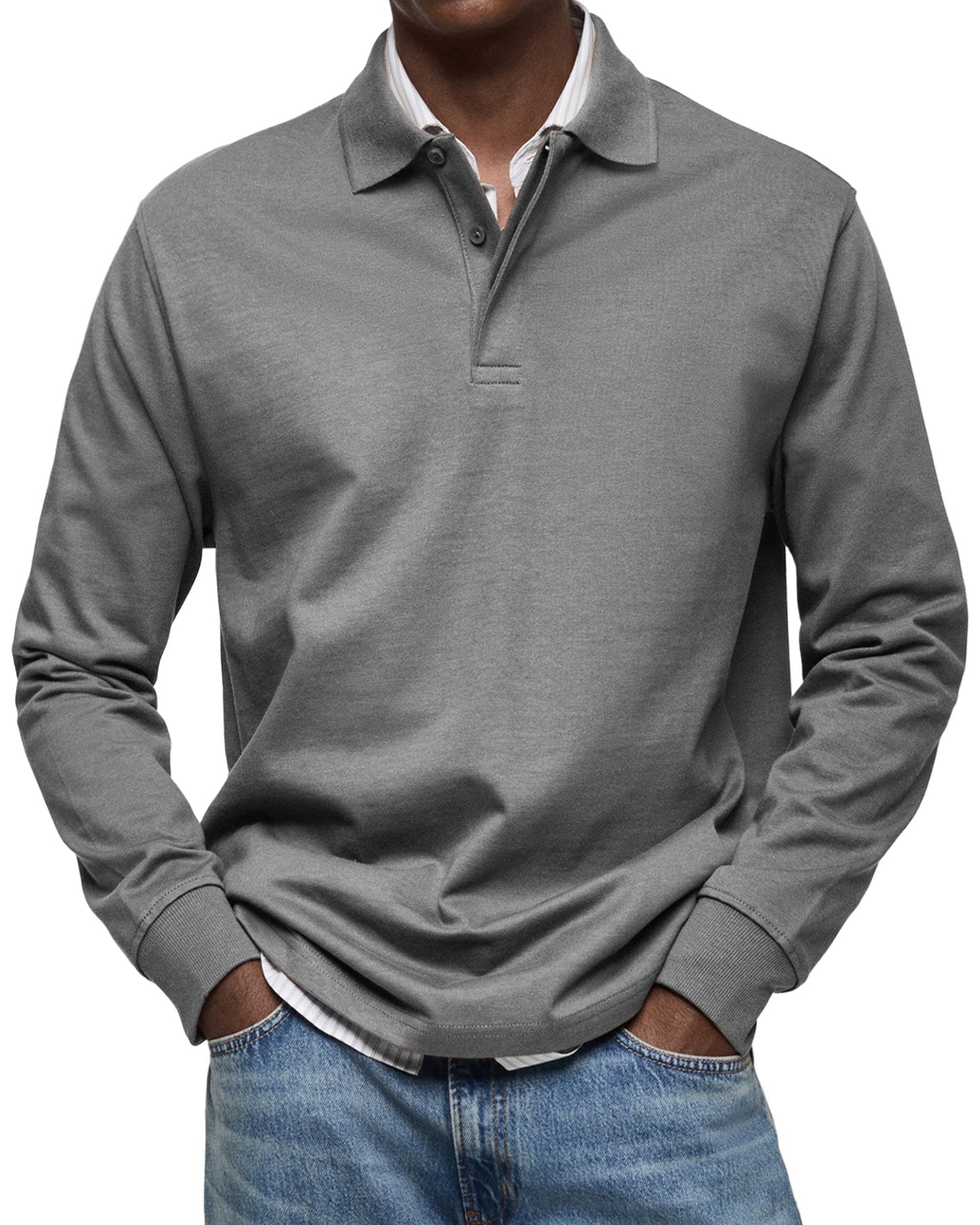 Men's Long-Sleeve Polo Shirt with Structured Collar and Button Placket