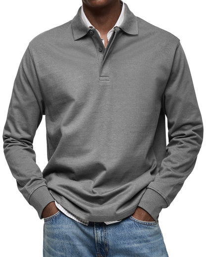 Men's Long-Sleeve Polo Shirt with Structured Collar and Button Placket