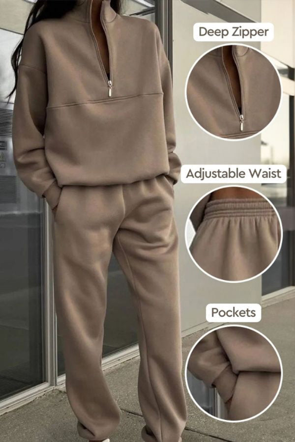 Damen Jogginganzug in Beige mit tiefem Reißverschluss, verstellbarem Bund und Taschen. Bequeme Freizeitmode, ideal für Sport und Alltag.