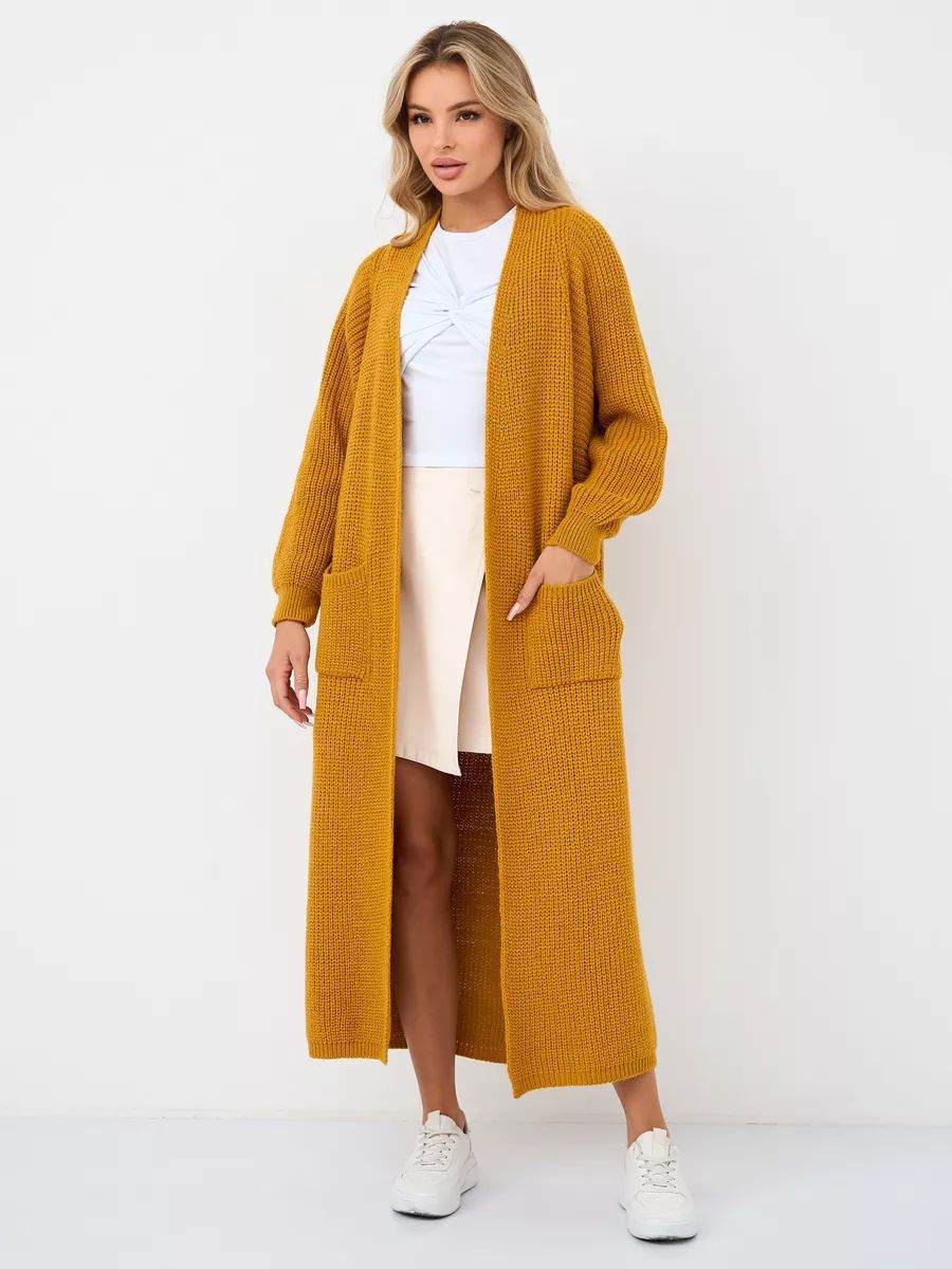 Langer Damen-Strickcardigan mit offenen Front und Taschen