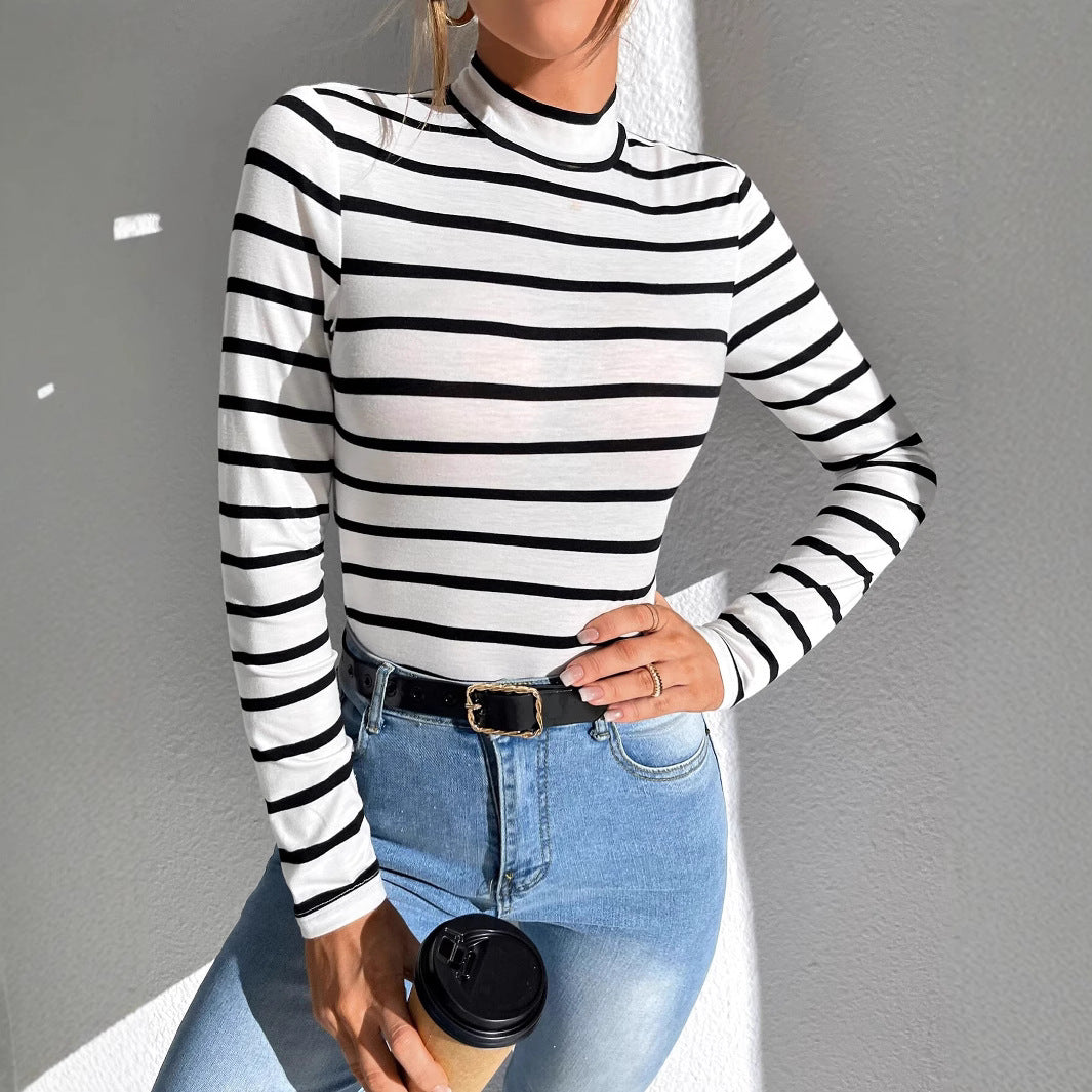 Women's shirt without collar with round neckline, long sleeves, and striped pattern