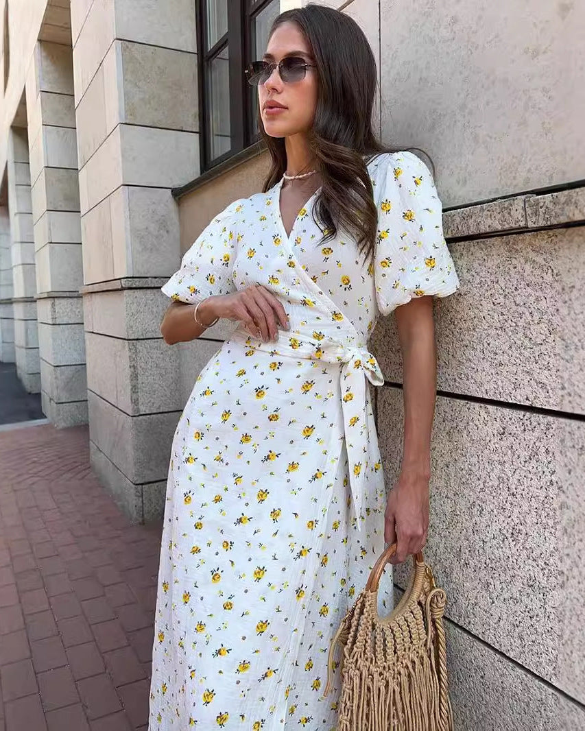 Sommerkleid Für Damen Mit V-Ausschnitt, Floralem Muster, Schnürung, Hoher Taille Und Kurzen Ärmeln