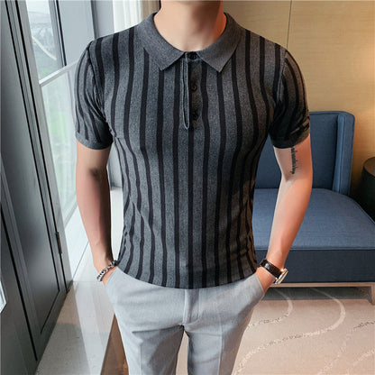 Herren Poloshirt Mit Breiten Streifen Und Kurzen Ärmeln, Hochelastisch