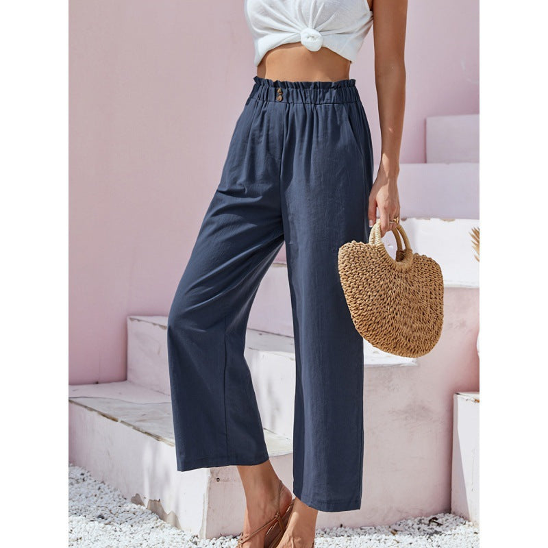 Damen-Freizeithose Mit Hohem Bund, Gerader Schnitt – Baumwoll-Leinen-Mischung