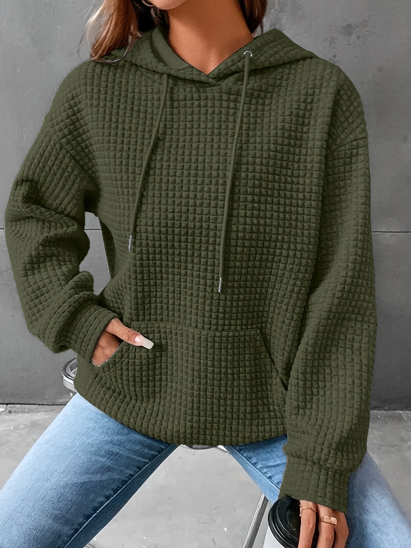Damen Hoodie Waffelstrick Textur Kordelzug Kängurutasche