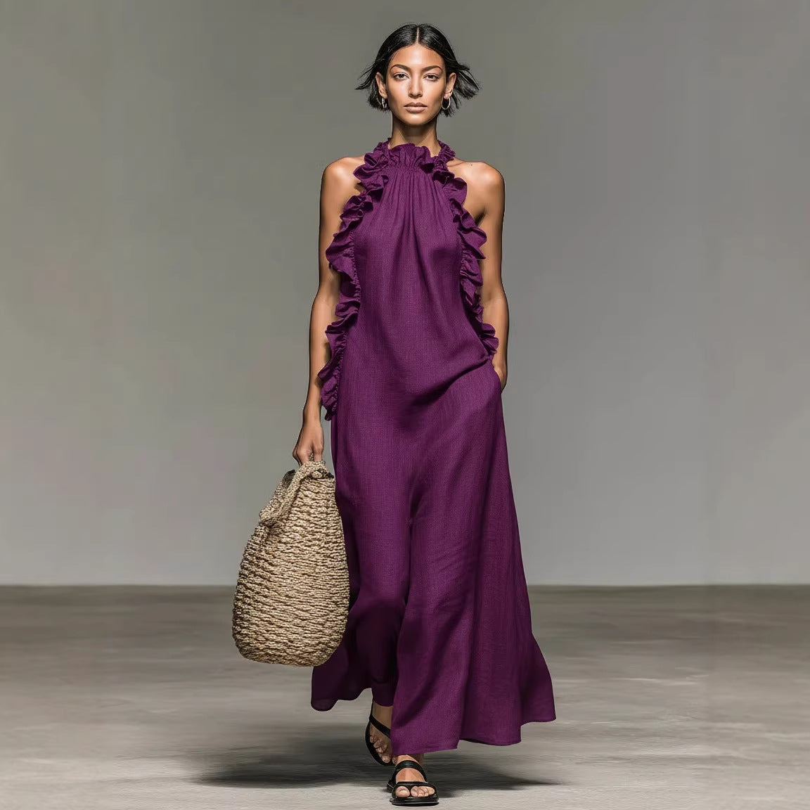 Ärmelloses Maxikleid Im Resort-Stil Mit Neckholder Und Rüschenbesatz – Seidenartiges Tragegefühl