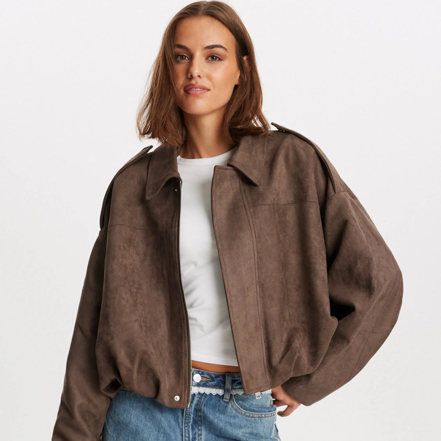 Damen Oversize Jacke Mit Wildleder Optik