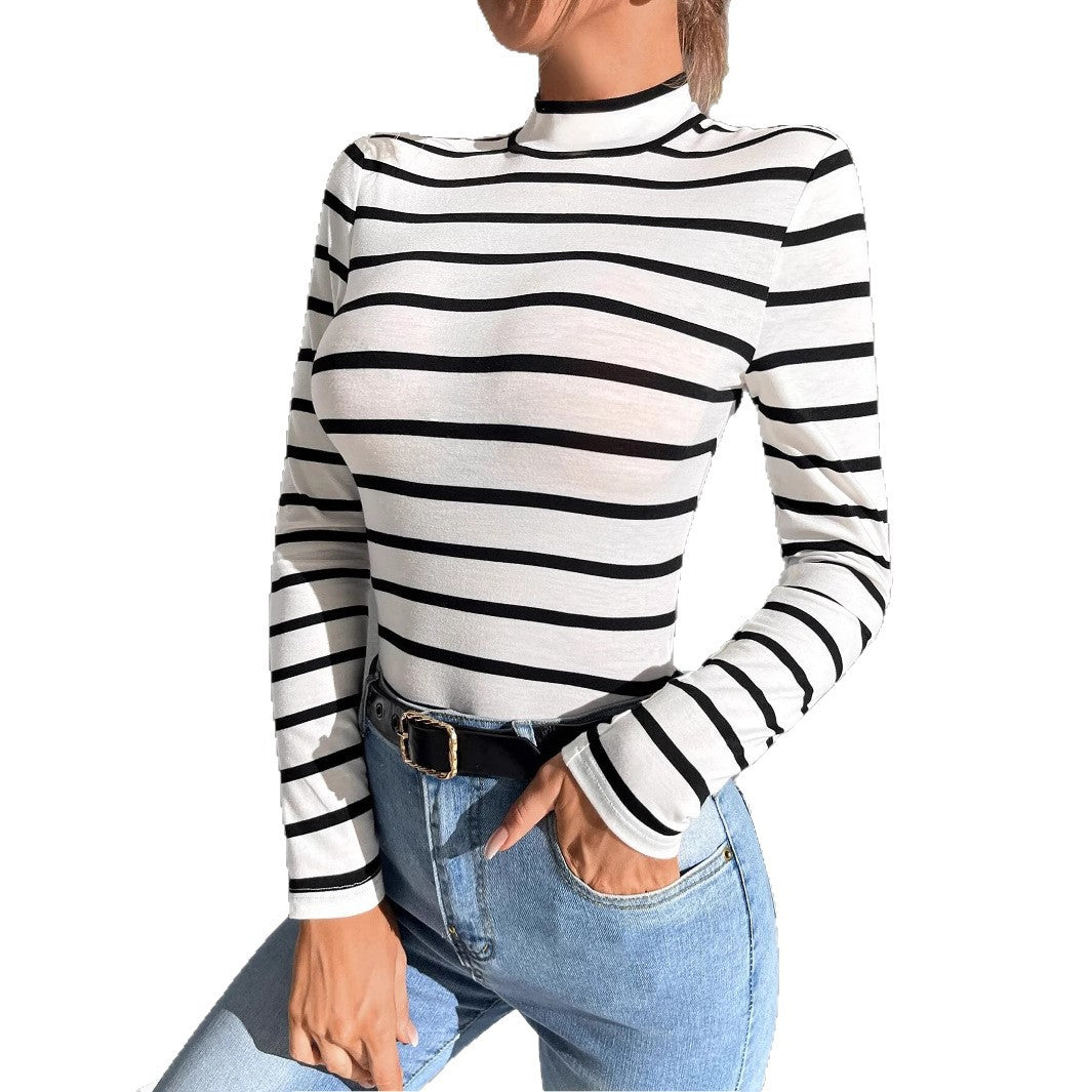 Women's shirt without collar with round neckline, long sleeves, and striped pattern