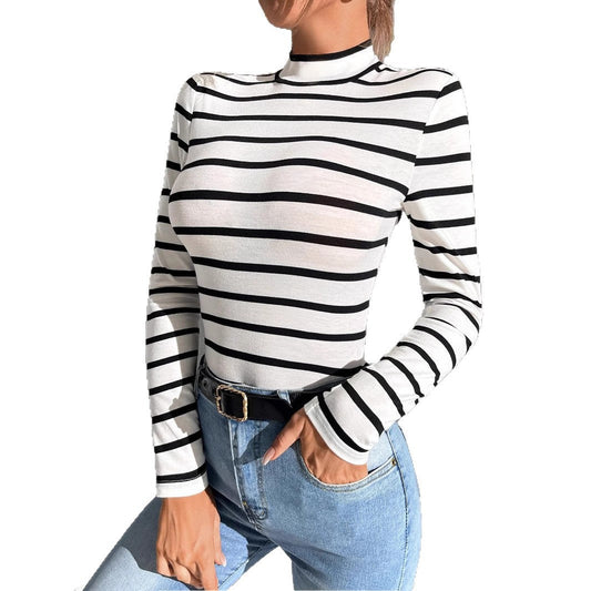 Women's shirt without collar with round neckline, long sleeves, and striped pattern