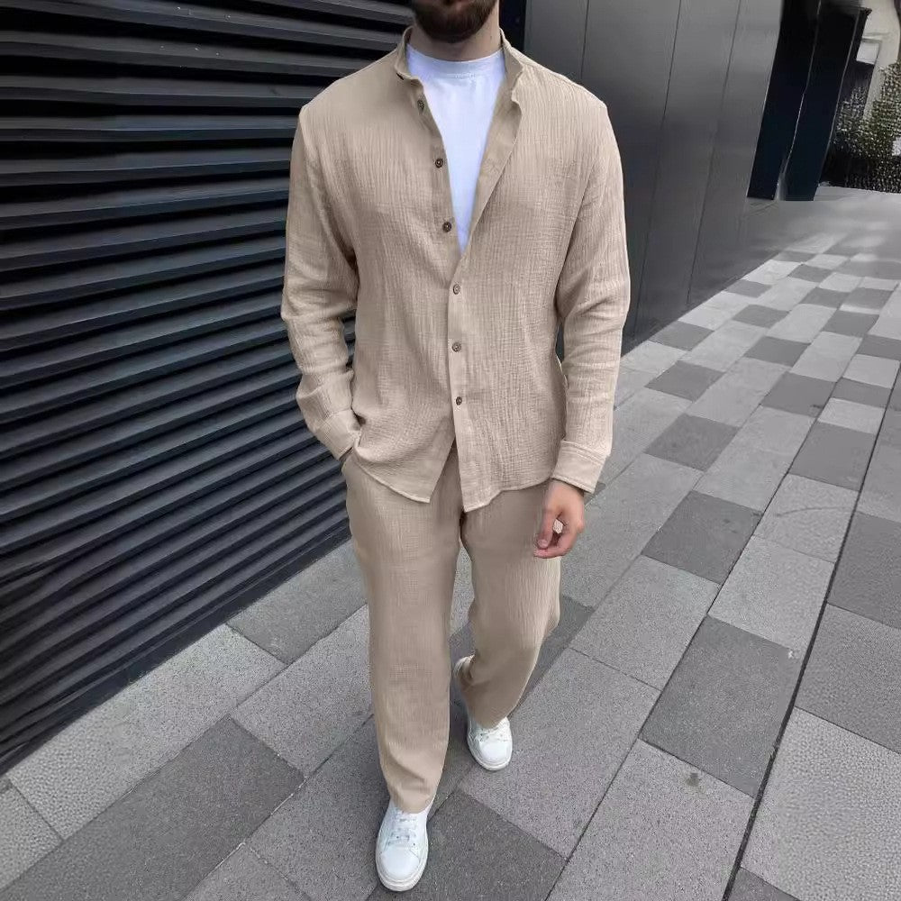 Herren Langarm-Zweiteiler-Set: Hemd Und Kurze Hose, Einfarbig, Mehrfarbig, Leichtes, Aufeinander Abgestimmtes Outfit