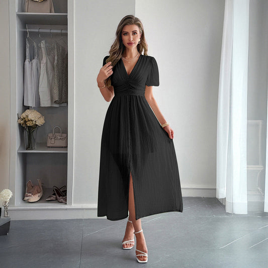 Sommer-Maxikleid Für Damen Mit Tiefem V-Ausschnitt, Kurzen Ärmeln Und Faltenrock